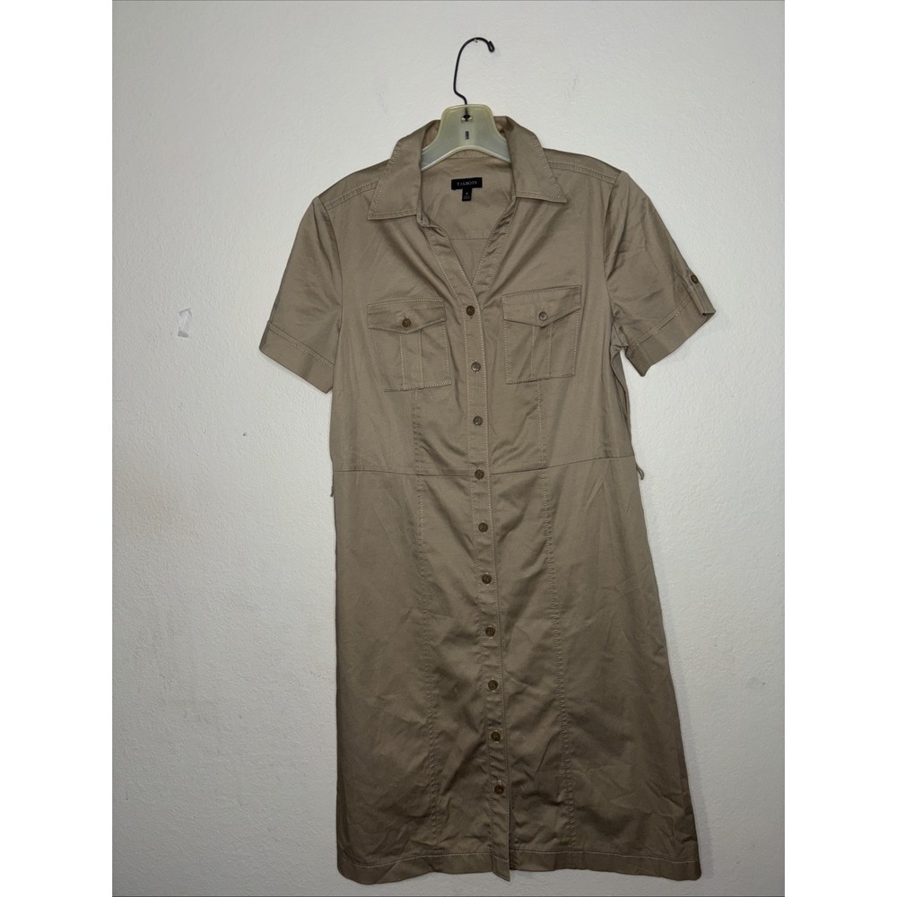 Talbots Tan Khaki Safari Utility Button Down Shirt Dress Size 6 Missing Belt